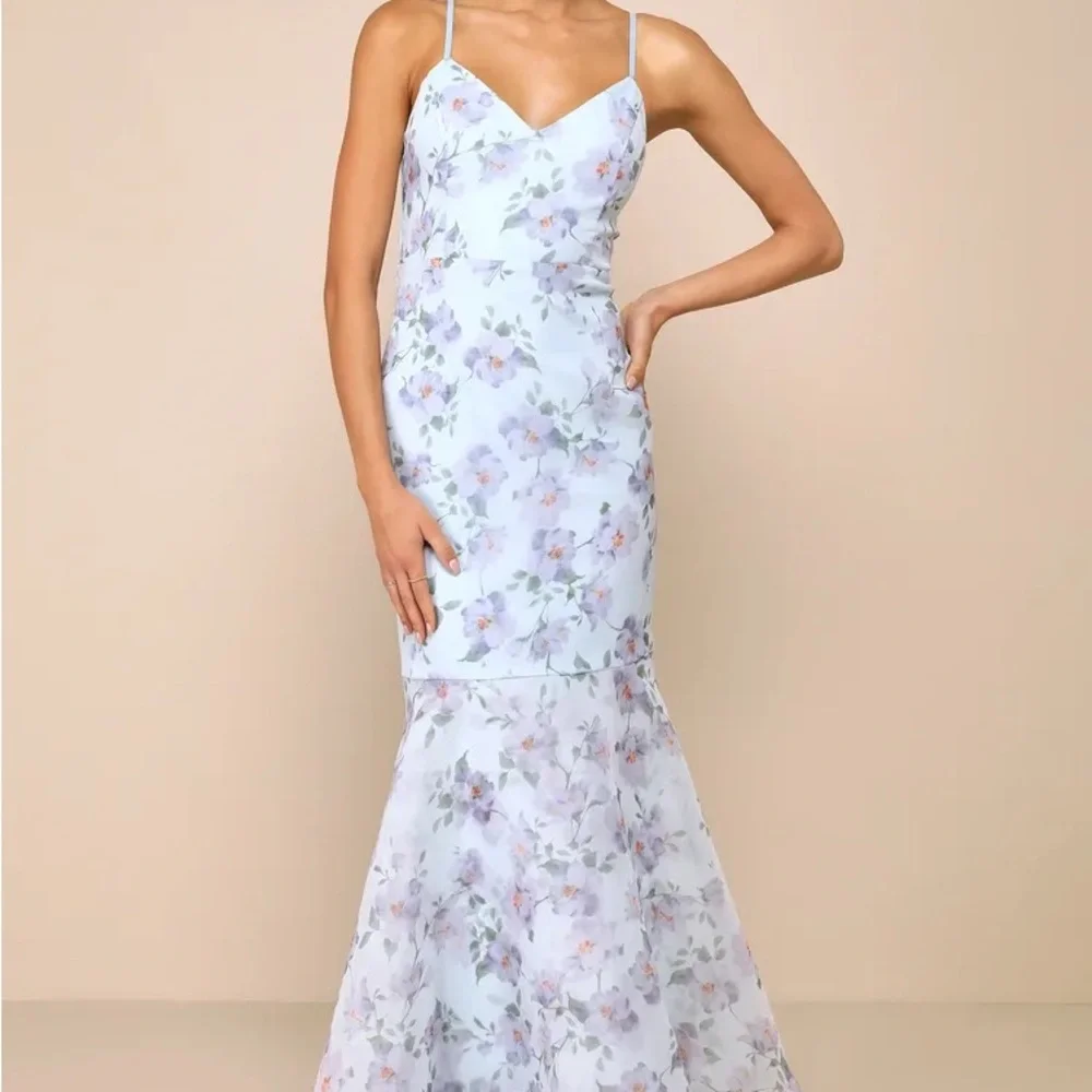 Lulus Pure Splendor Light Blue Floral Organza Trumpet Maxi Dress - Picture 1 of 5